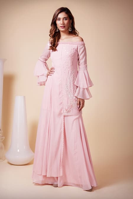 Saaj By Ankita Pink Georgette Embroidery, Cut Work Off-shoulder Off Kurta And Sharara Set 
