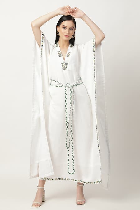 Musal Ivory Cotton Linen Embroidery Leaf V Neck Kathy Neckline Kaftan 