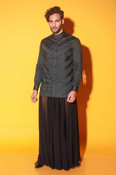 Echke Green Cotton Angular Panel Shirt