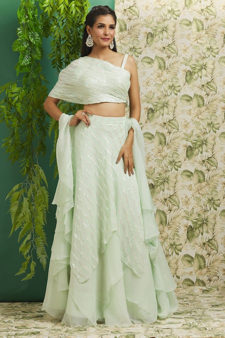 Alaya Advani Green Organza Hand Embroidered Thread And Sequin Work Layered Lehenga Set