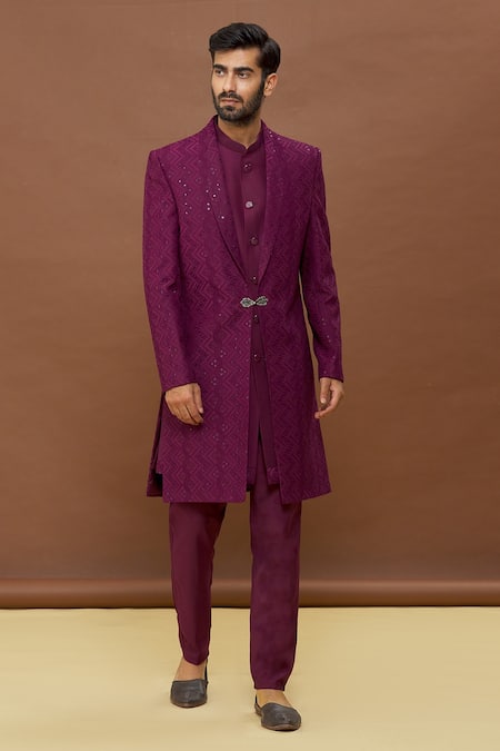 Arihant Rai Sinha Wine Silk Embroidered Sequin Jacket And Sherwani Set 