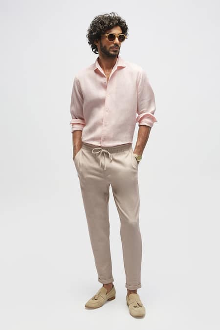 Beige Cream Linen Blend 'Miami' Slim Fit Trousers | Mr. Munro