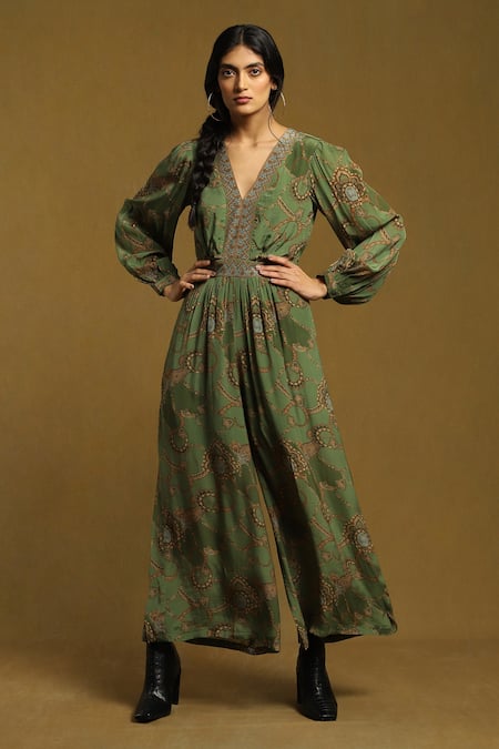 Ritu Kumar Green Rayon Crepe Paisley V Neck Jumpsuit 