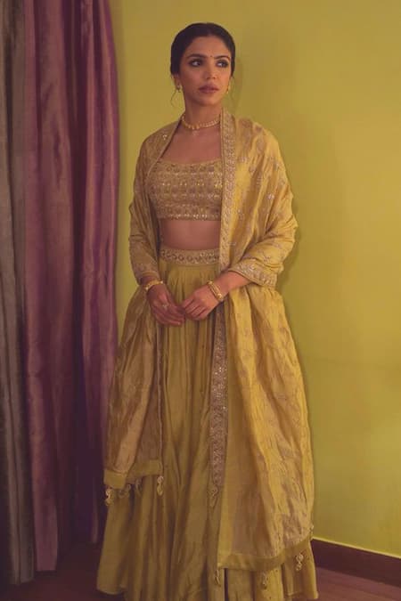 PUNIT BALANA Green Chanderi Silk Embroidery Marodi Scoop Neck Lehenga Set 