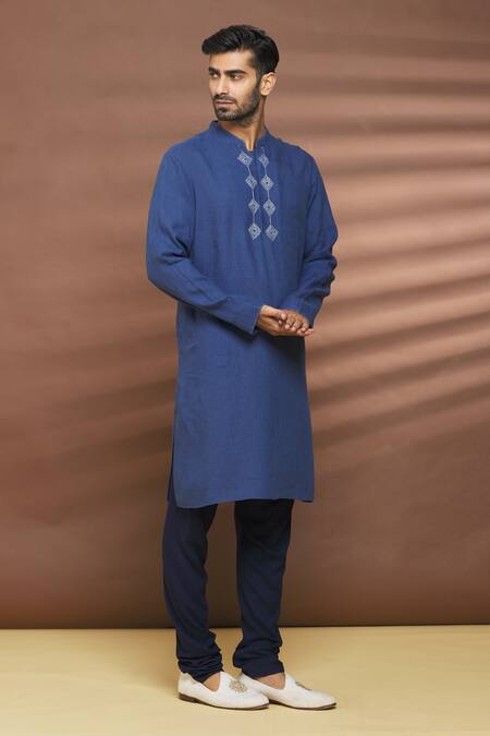 Linen Bloom Blue 100% Linen Embroidered Thread Work Placket Kurta 