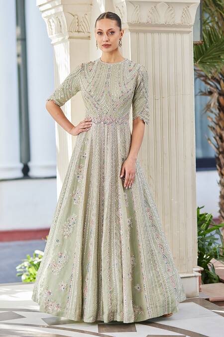 Osaa By Adarsh Blue Tissue Embroidery Round Neck Linear Pattern Gown