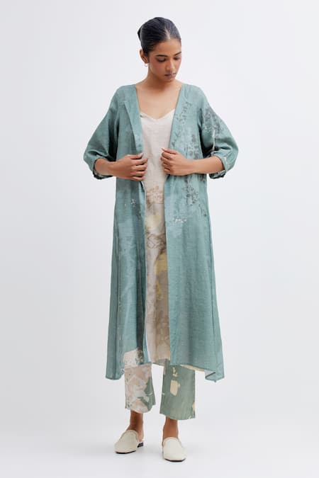 Bhavik Shah Green Handwoven Hand Spun Indian Fabric Foliage Jacket Pattern With Dress 