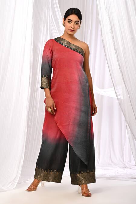 The Home Affair One Shoulder Chanderi Kurta & Flared Pant Set 