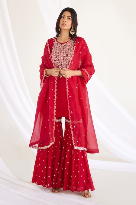 Koashee by Shubitaa Red Silk Embroidered Zardozi Round Sharara Set 