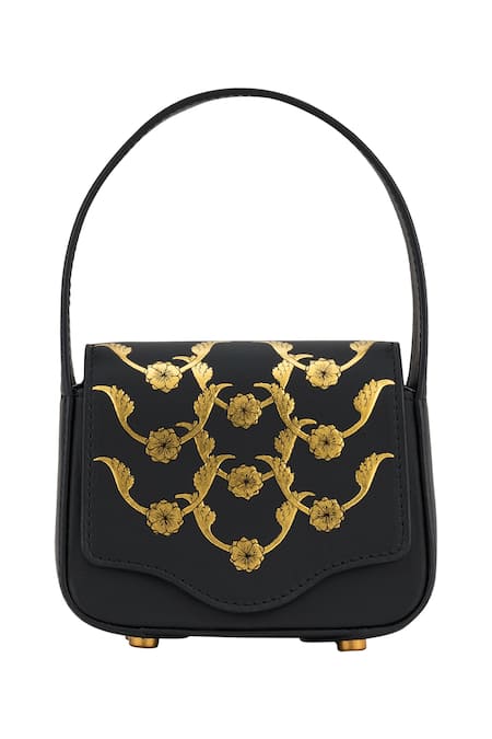 Aranyani Black Glided Champa Flower Gold Pattern Trails Bag