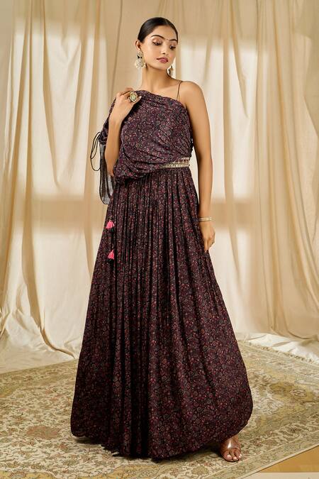Buy_Aariyana Couture_Blue Crepe Sequins, Beads One Shoulder Floral Print Pleated Gown_Online_at_Aza_Fashions