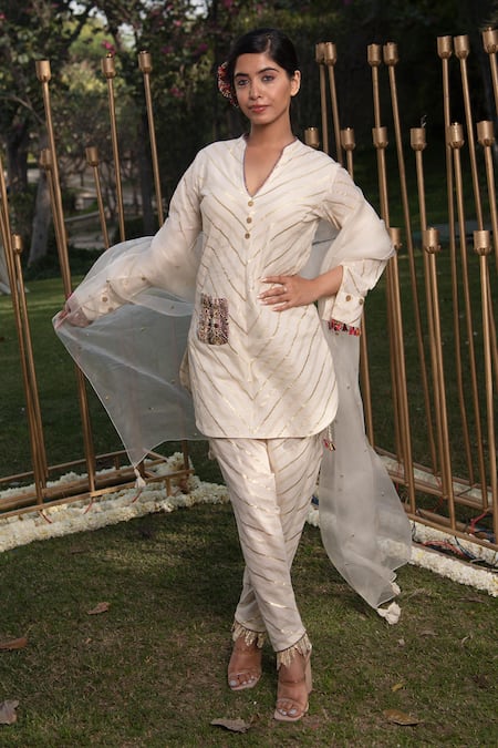 Soniya G Ivory Handmade Cotton Embroidery Sequins Round Striped Pattern Kurta Pant Set 