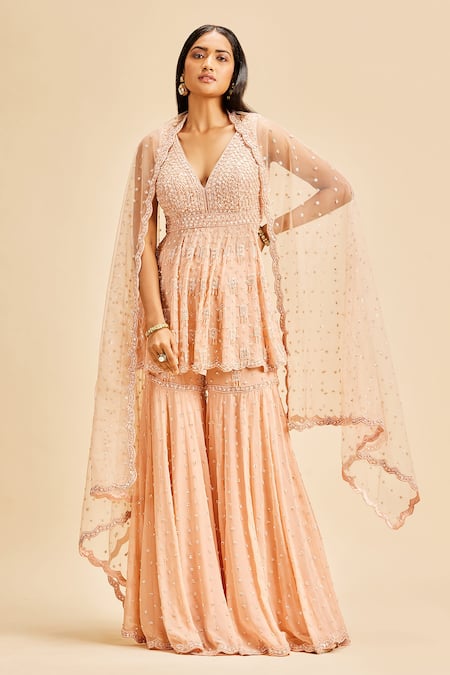 Nitika Gujral Peach Peplum Top And Sharara Georgette & Dupatta Net Embroidery Sequin Set 
