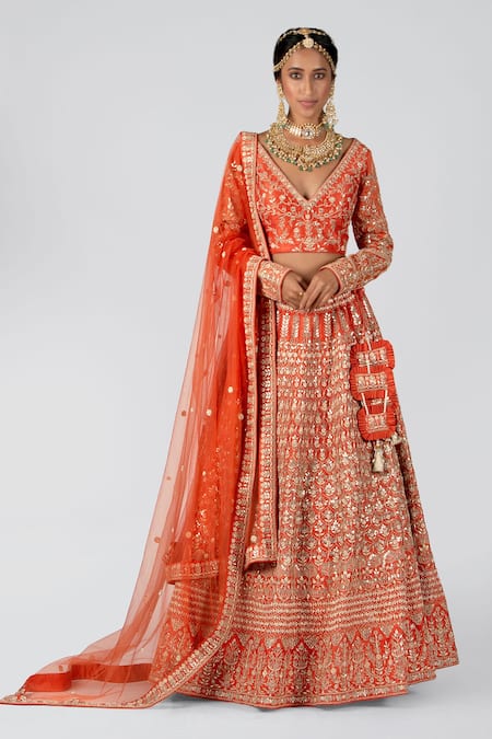 Suruchi Parakh Raw Silk Gota Embroidered Bridal Lehenga Set 