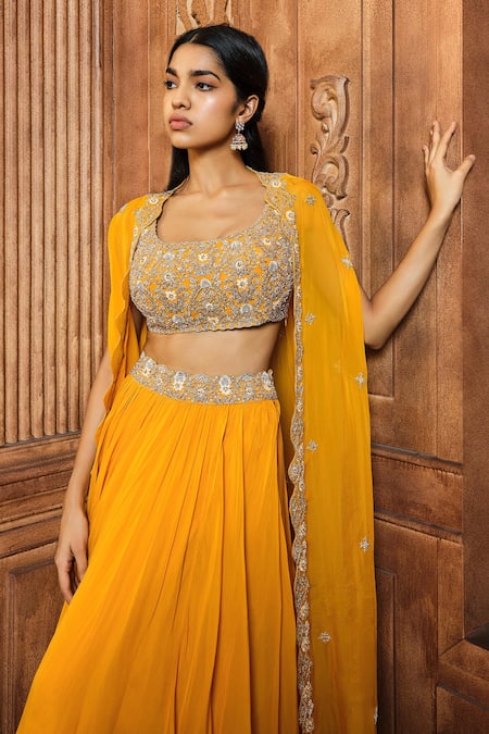 Aneesh Agarwaal Yellow Organza, Linen Cut Work, Sequins Placement Embroidered Cape Lehenga Set Online at Aza Fashions Aneesh Agarwaal_Yellow Organza, Linen Cut Work, Sequins Placement Embroidered Cape Lehenga Set _Online_at_Aza_Fashions