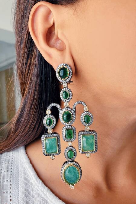 Shop PRERTO Green Stone Embellished Chandeliers at Aza Fashions Shop_PRERTO_Green Stone Embellished Chandeliers_at_Aza_Fashions