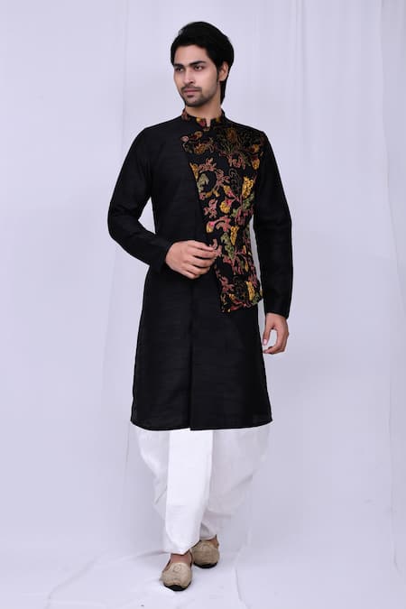 Arihant Rai Sinha Black Art Silk Floral Pattern Overlapped Kurta And Dhoti Pant Set