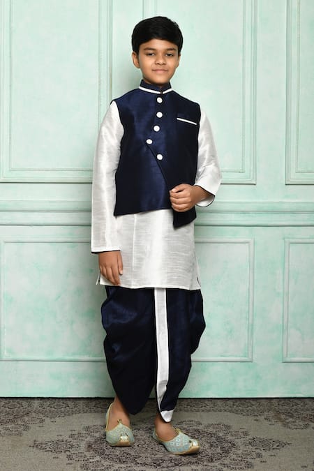 Aryavir Malhotra Blue Silk Blend Overlap Bundi And Dhoti Pant Set 