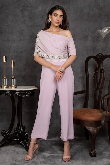 Sunita Bhandari Purple Viscose, Crepe Tassels, Cut Work Asymmetric Embellished Draped Jumpsuit 