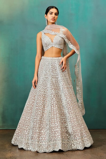 Buy Beige Net Embroidery Zari Plunge V Neck Geometric Bridal Lehenga