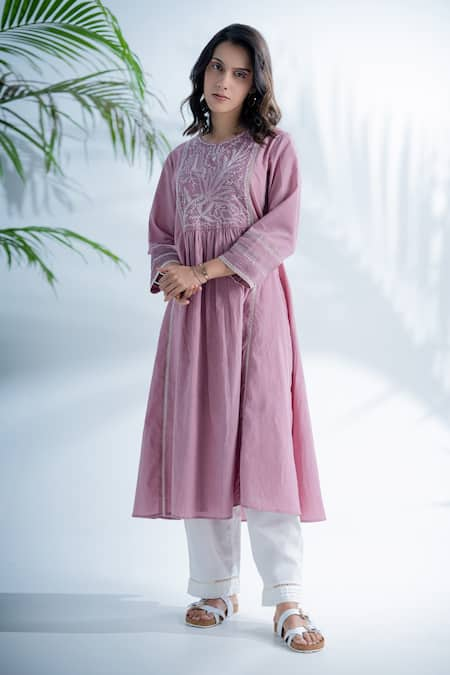 Pants and Pajamas Purple Cotton Hand Embroidered Chikankari Thread And Lace Work Round Yoke Anarkali 