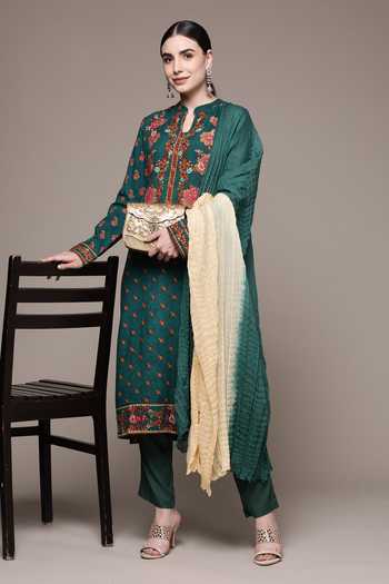 Buy Green Rayon Floral Motifs Band Collar Pattern Kurta Set For Women ...