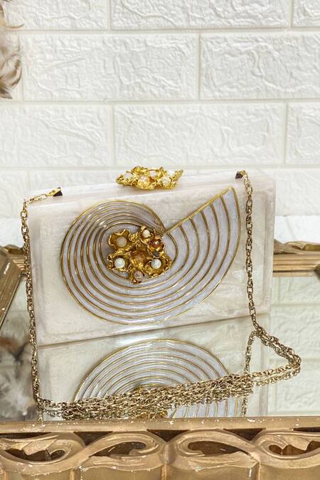 Kainiche By Mehak White Embellished Rectangle Shaped Clutch