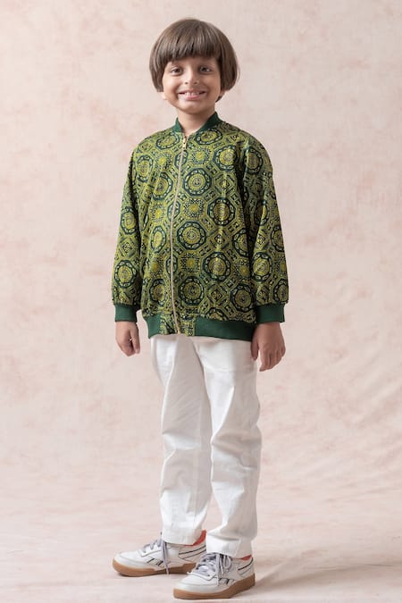 Thetaa Green Modal Satin Ajrakh Bomber Jacket 