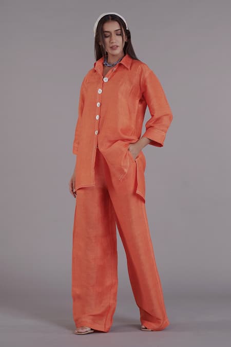 AFFROZ Orange Linen Shirt Collar Oversized And Pant Set