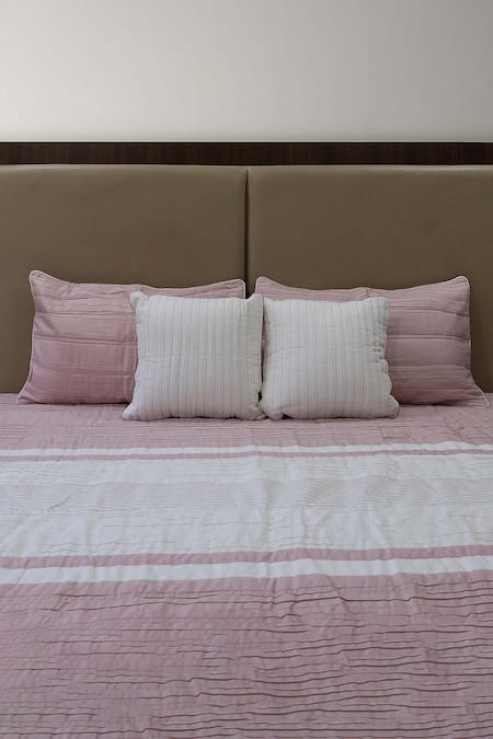 H2H Pink Linen Victoria Stripe Print Bed Cover Set