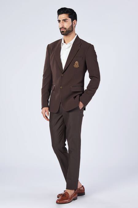 S&N By Shantnu Nikhil Brown Lycra, Viscose, Polyester Embroidery Placement Crest Motif Blazer