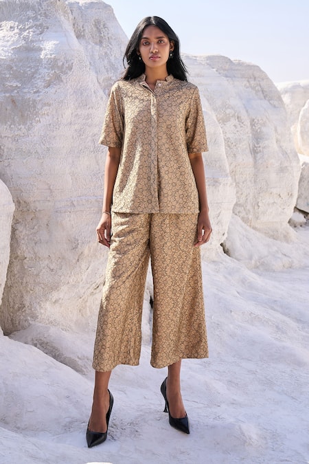 Dash and Dot Beige 100% Polyester Lace Band Collar Top And Pant Set 
