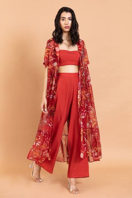 Aroop Shop India Red Chiffon Scoop Neck Clara Amaryllis Print Dress And Pant Set Online at Aza Fashions Aroop Shop India_Red Chiffon Scoop Neck Clara Amaryllis Print Dress And Pant Set _Online_at_Aza_Fashions
