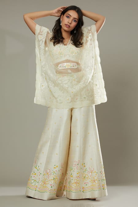 I Am Design Ivory Raw , Organza French Vanilla Embroidered Palazzo Set With Kaftan 