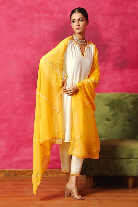 Dohr India White Silk, Chanderi, Organza Embroidery, Lace Nargis Kalidar Kurta Pant Set 