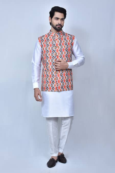 Arihant Rai Sinha Orange Kurta And Pant Art Silk Printed Ikat Geometric Cotton Bundi & Set 