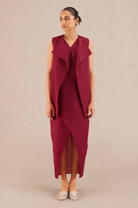 Buy Ampm Wine Linen Collared Mila Jacket And Dress Set at Aza Fashions Buy_Ampm_Wine Linen Collared Mila Jacket And Dress Set_at_Aza_Fashions