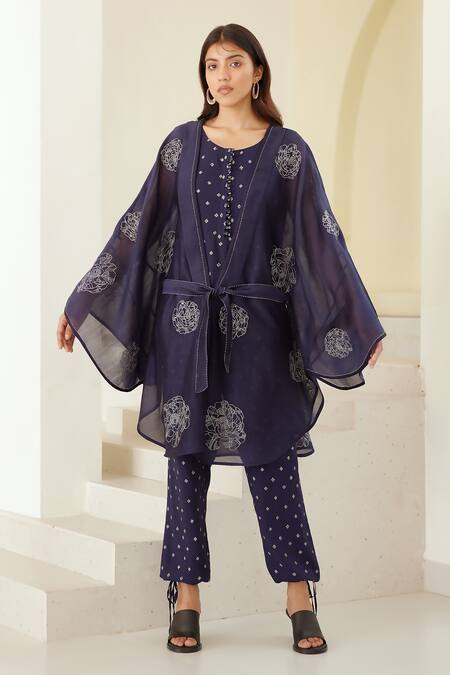 Shop_Cotton And Clay_Blue Modal, Chanderi Embroidery Round Neck, Shawl Printed Kimono Trouser Set _Online_at_Aza_Fashions
