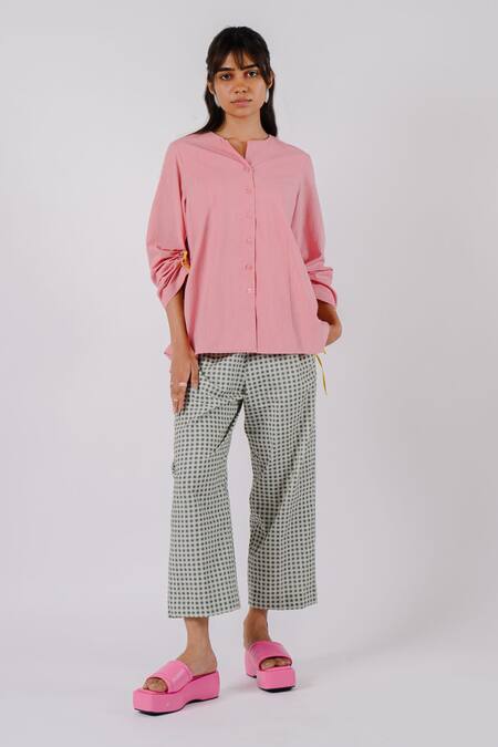 Tussah By Siddhi Shah Black Cotton Cut Work Round Neck Placed Shirt With Checkered Pant 
