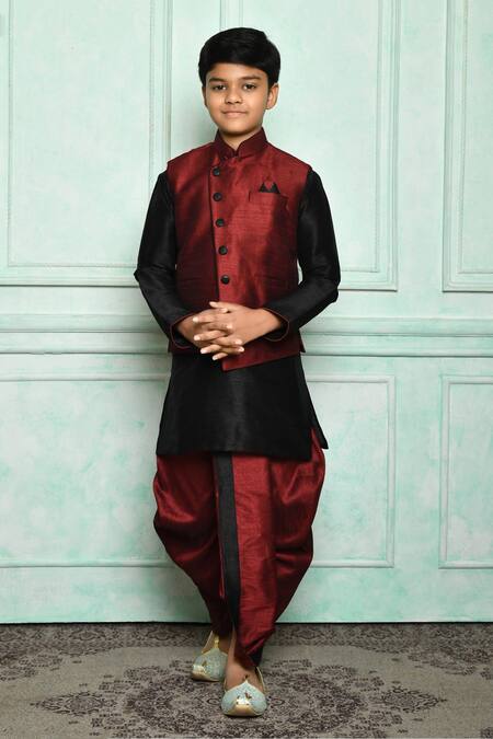 Aryavir Malhotra Maroon Silk Blend Overlap Bundi And Dhoti Pant Set 