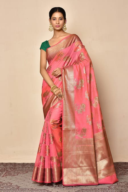 Nazaakat by Samara Singh Pink Cotton Silk Woven Floral Banarasi Boota Saree