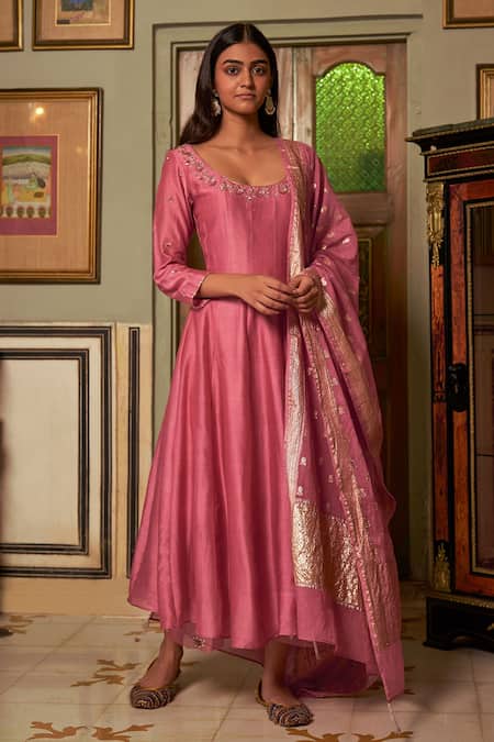 Pink Anarkali Gown with Heavy Banarasi Dupatta | Indian gowns dresses,  Indian designer outfits, Dress indian style