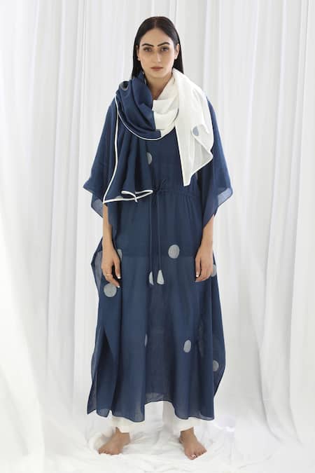 KHAT Navy Blue Polka Pattern Kaftan & Pant Set 