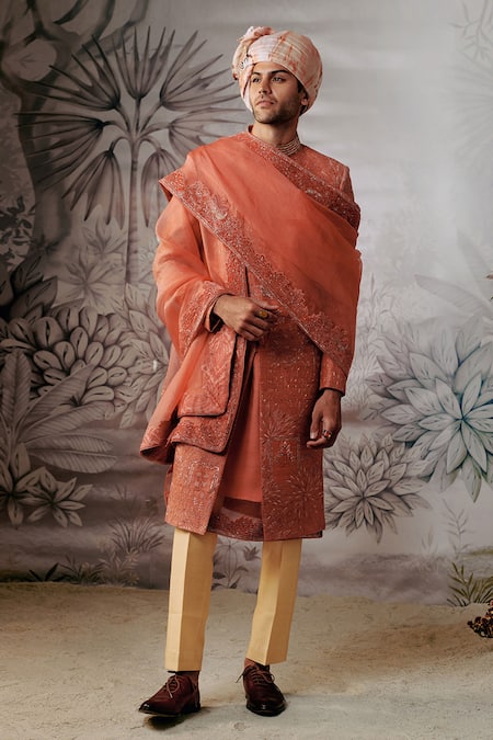 Philocaly Orange 100% Silk Embroidery Dori Varnan Floral Sherwani Set 