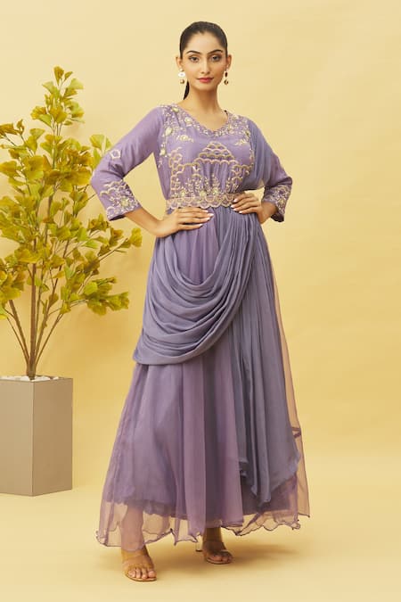 Samyukta Singhania Blue Organza Embroidered Sequins Round Gown With Detachable Belt 