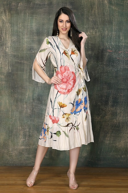 Buy White Organza Satin Printed Big Flower V Neck Dress For Women by Whimsical By Shica Online at Aza Fashions