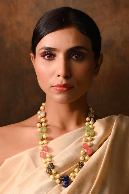 Ishhaara Gold Plated Double Layered Stone Necklace at Aza Fashions Ishhaara_Gold Plated Double Layered Stone Necklace _at_Aza_Fashions