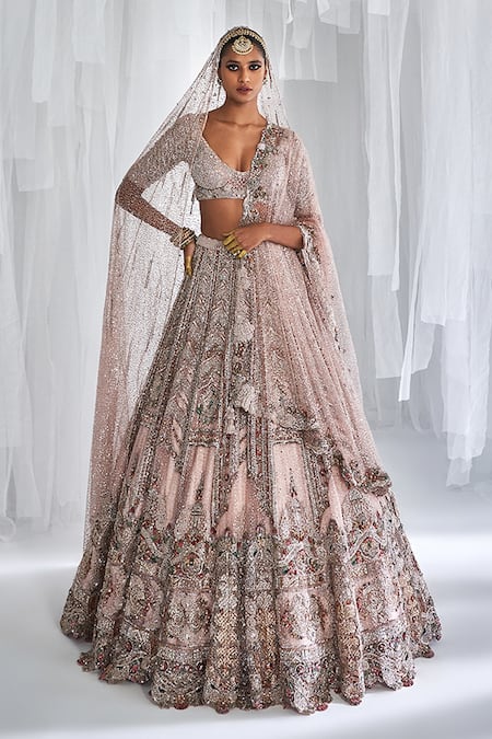 Dolly J Pink Tulle Embroidered Pearls Alyssa Shimmer Bridal Lehenga Set  