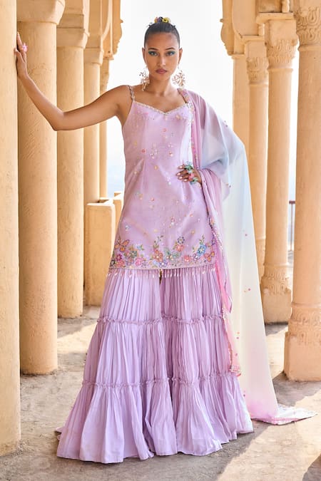 LASHKARAA Triple Layered Gharara & Butterfly Embroidered Kurta Set 
