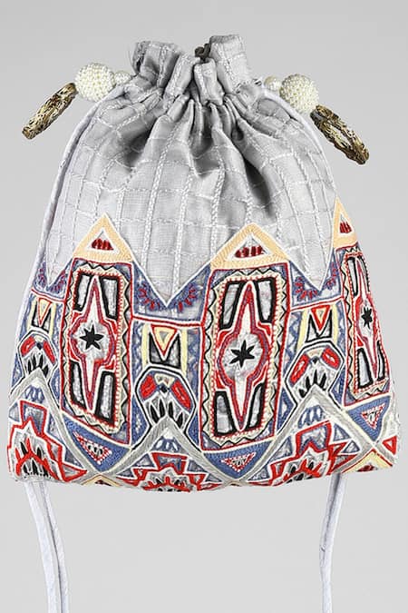 ClutcH'D Grey Embroidery, Fringe Velvet Potli Bag Online at Aza Fashions ClutcH'D_Grey Embroidery, Fringe Velvet Potli Bag _Online_at_Aza_Fashions